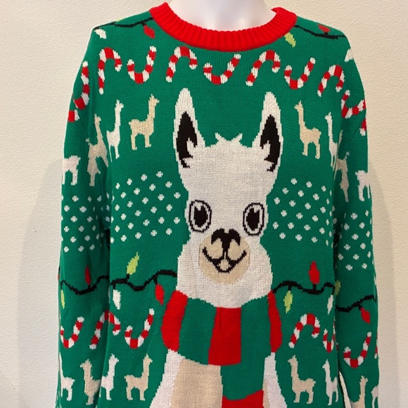 Festive Ugly Sweater Green Llama Crewneck Sweater Size L Holiiday - Picture 3 of 8
